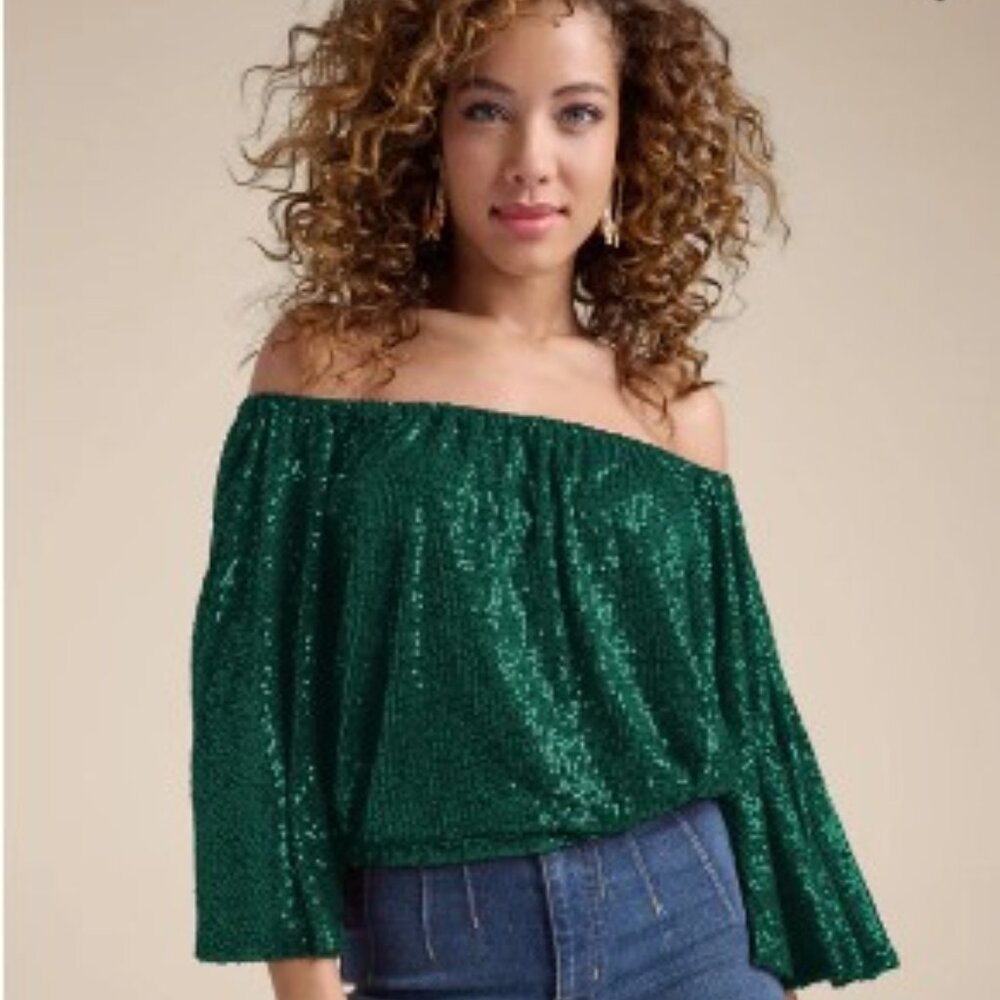 SEQUIN on/off shoulder Emerald Green Stretch Top NWT